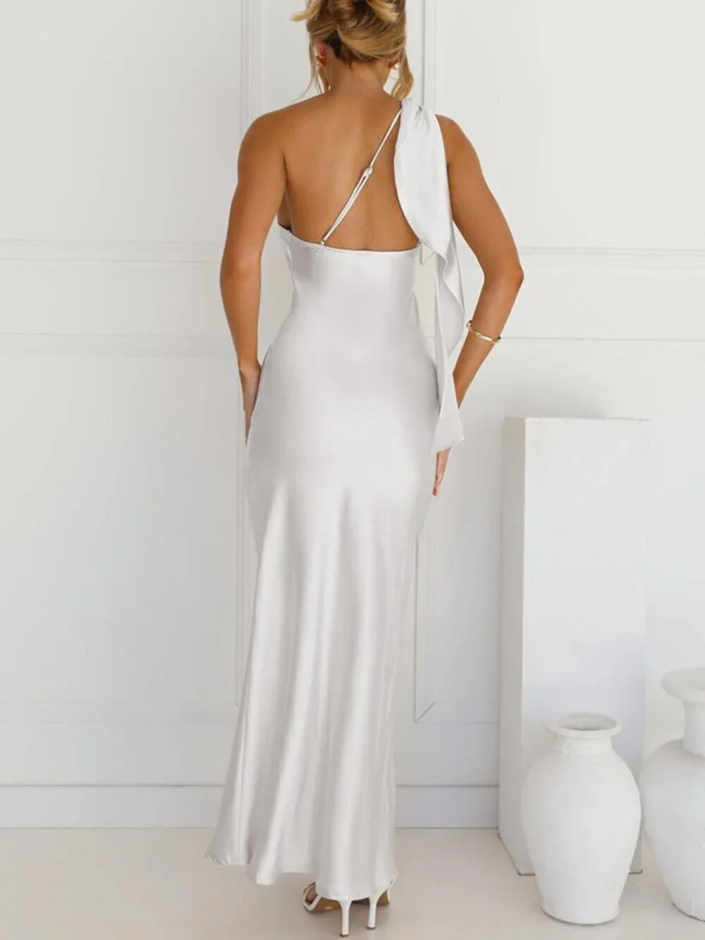 Women's White Summer Silk Formal Elegant Sleeveless One Shoulder Maxi Dress